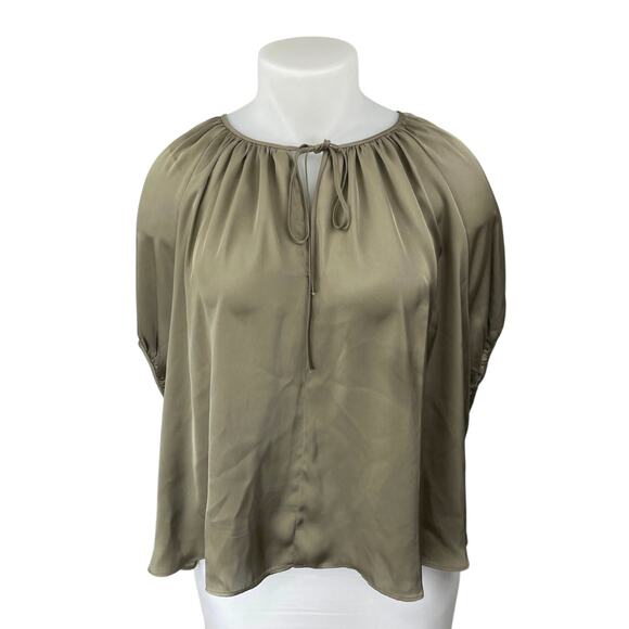 H&M Green Silky Satin Short Puff Sleeve Tie Neck Oversized Peasant Blouse Top XL - Picture 1 of 4